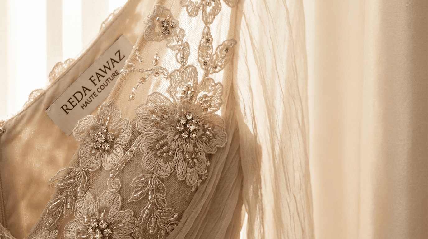 Macro high fashion photography of a Reda Fawaz haute couture gown detail